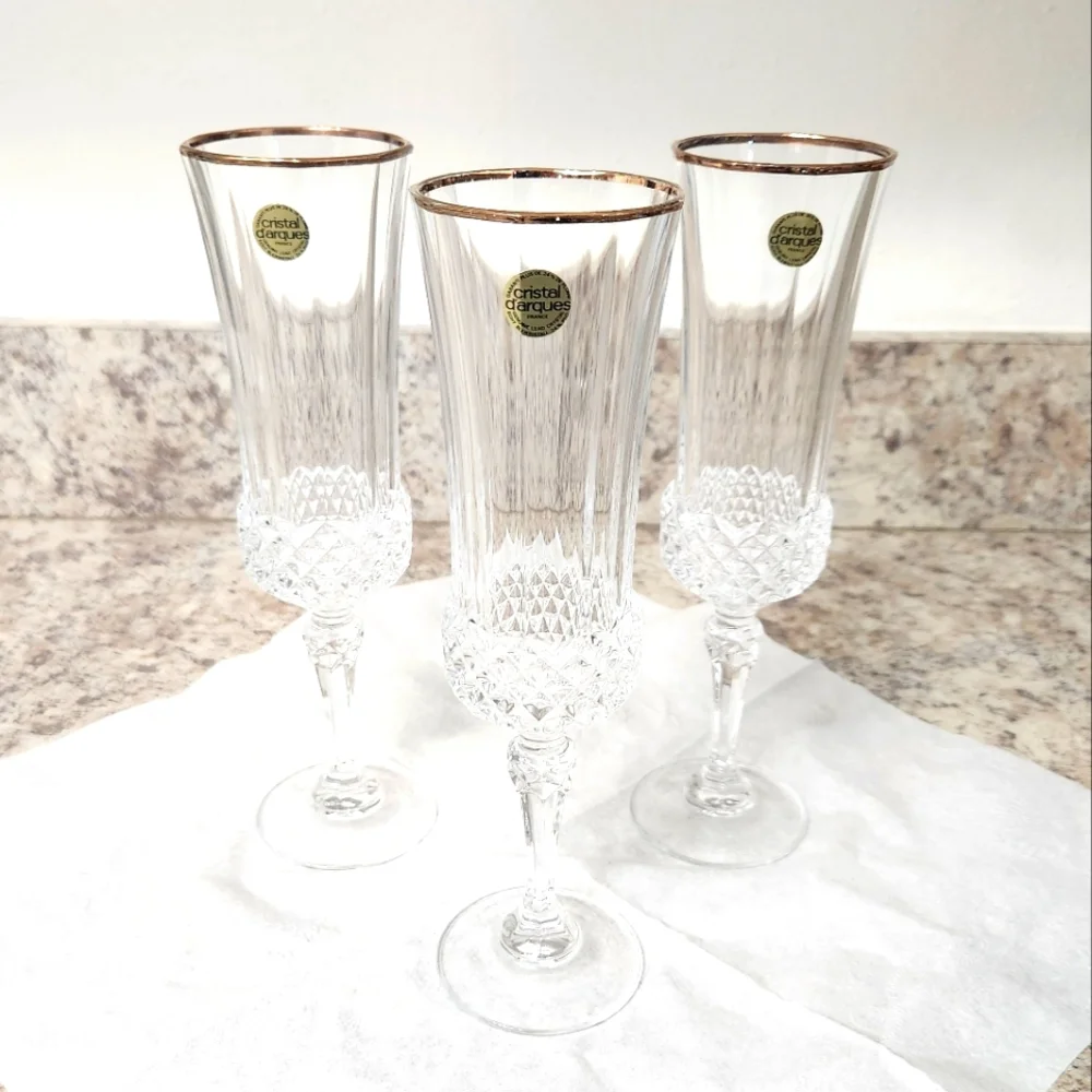 Cristal D'Arques Champagne Flutes with Gold Rim set of 3